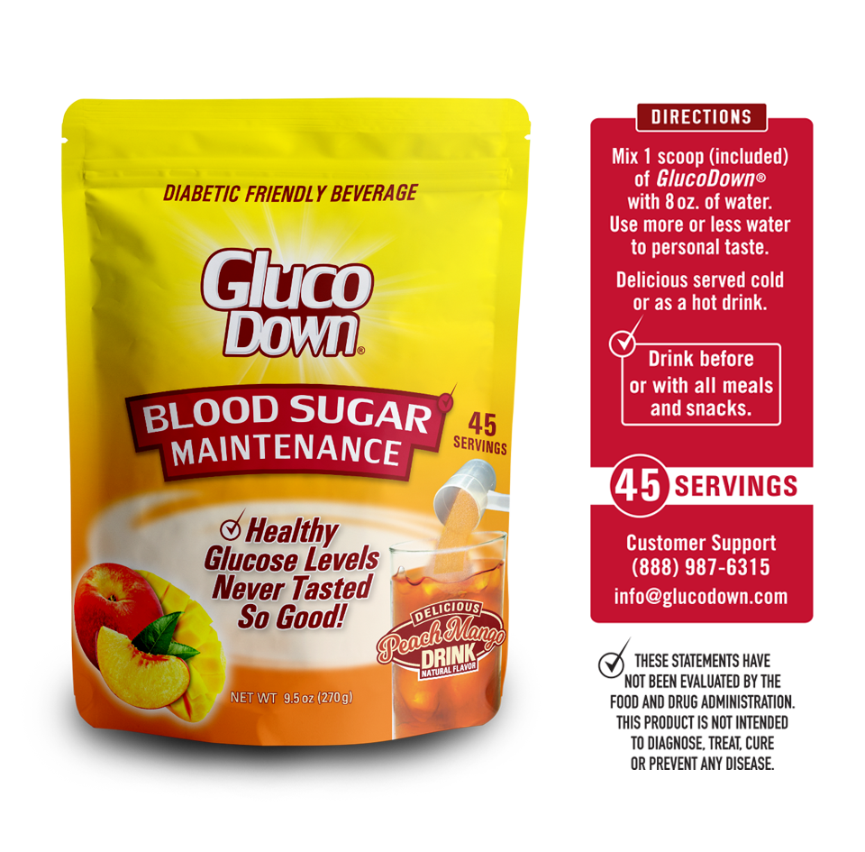 GLUCODOWN® Diabetic Friendly Beverage, Maintain Healthy Blood Sugar, Delicious Peach Mango (45-Servings)