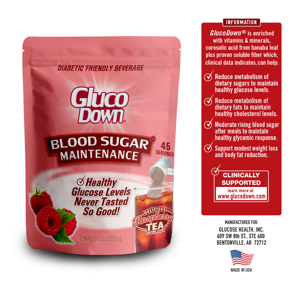 GLUCODOWN® Diabetic Friendly Beverage, Maintain Healthy Blood Sugar, Delicious Raspberry Tea (45-Servings)