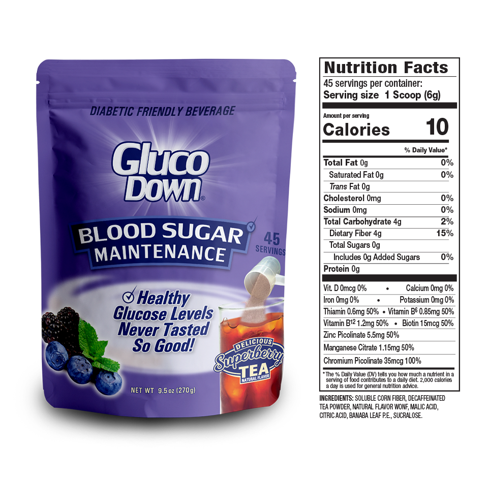 GLUCODOWN® Diabetic Friendly Beverage, Maintain Healthy Blood Sugar, Delicious Super Berry Tea (45-Servings)